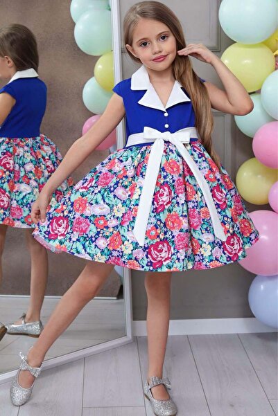 Riccotarz Girl's Shirt Collar Floral Printed Blue Dress