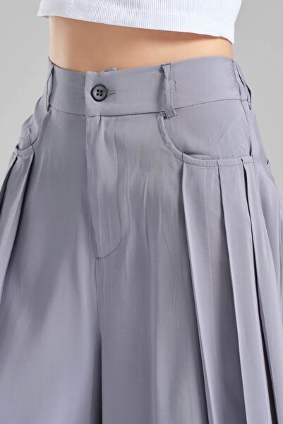 tw3 Women's Pleated Detailed Elastic Waist Design Wide Leg Trousers