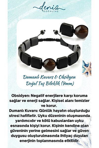 Deniz Doğal Taş Sertifikalı Dumanlı Kuvars ,obsidyen Doğal Taş Bileklik 9mm