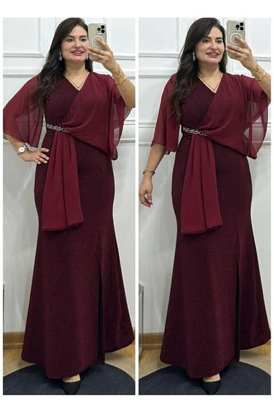 CİXAPLE Stone Detailed Chiffon Evening Dress