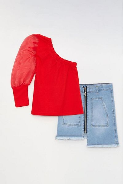 Riccotarz Girl's One Shoulder Detailed Sleeve Transparent Denim Red Skirt Suit
