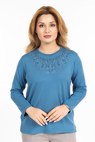 Mutlu City Model nou bluză din bumbac pieptănat pentru mamă cu guler rotund b...