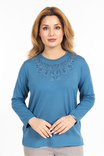 Mutlu City New Model Stone Embroidered Round Collar Lycra Mother's Combed Cotton Blouse 6420