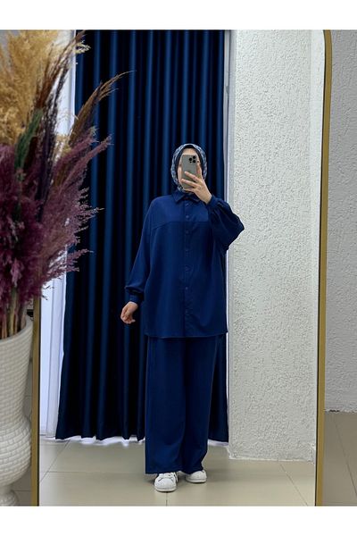 MİHRA STORE Costum Dubai cu pantaloni Behin Cămașă cu muluri în față și bielii-EK-Z-480 bleumarin