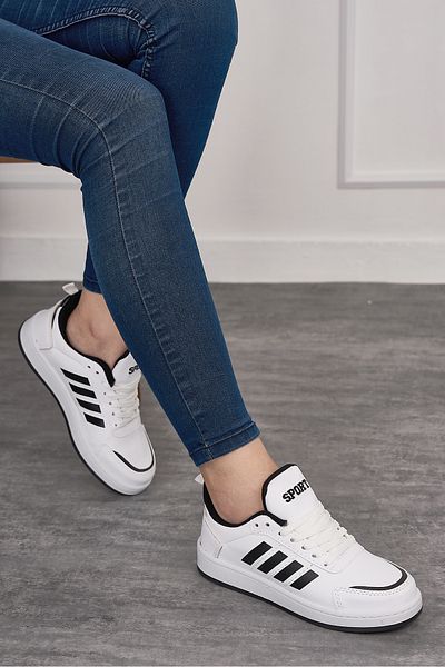 İmerShoes Tenis unisex alb și negru - cu șireturi și dungi, talpă confortabilă zimțată St-331
