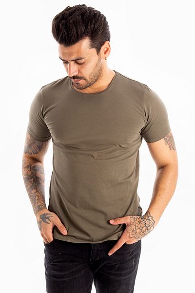 DeepSEA Tricou de bază kaki pentru bărbați/unisex, slim fit, cu decolteu, din bumbac, lycra, 1801131