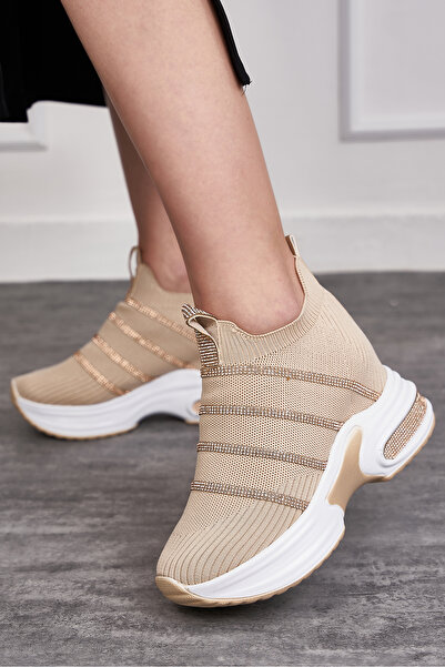 İmerShoes Pantofi tricotaj bej - Toc ascuns, vârf oval cu stras, pantofi sport confortabili, respirabili, pentru femei 271