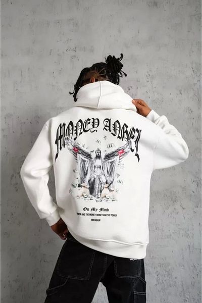 Moda Asmira    Men's Cord Drawstring Printed Hooded Sweatshirt - White