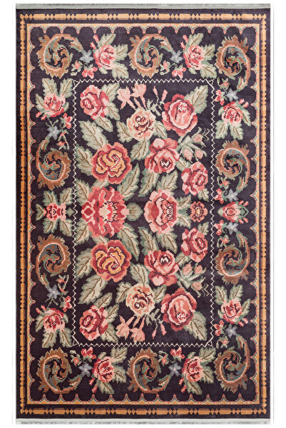akbel halı & yatak exclusive home design Antique Atk 02 Siyah - Yıkanabilir K...