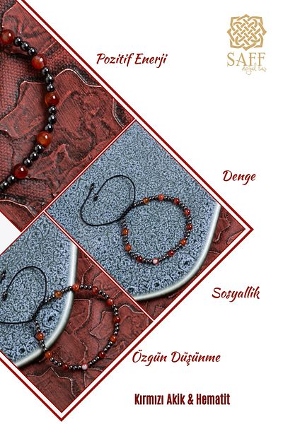 Saff Doğal Taş Certified Red Agate & Hematite Natural Stone Macrame Bracelet