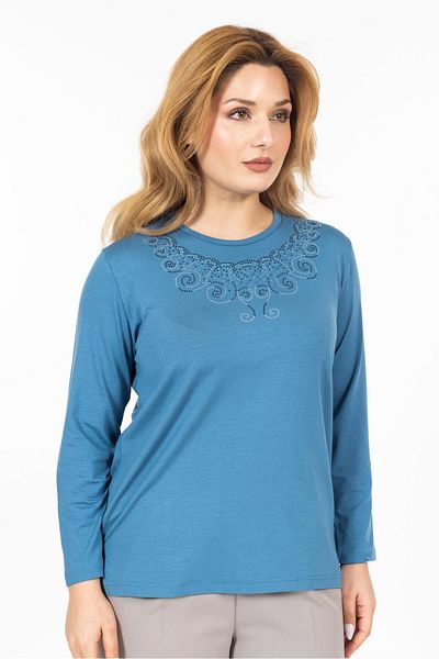 Mutlu City New Model Stone Embroidered Round Collar Lycra Mother's Combed Cotton Blouse 6420