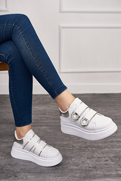 Nstil Günlük Kadın Beyaz Sneaker Cırt Cırtlı Yüksek Topuk Tırtıklı Kaymaz Taban Yürüyüş Spor Ayakkabı 251