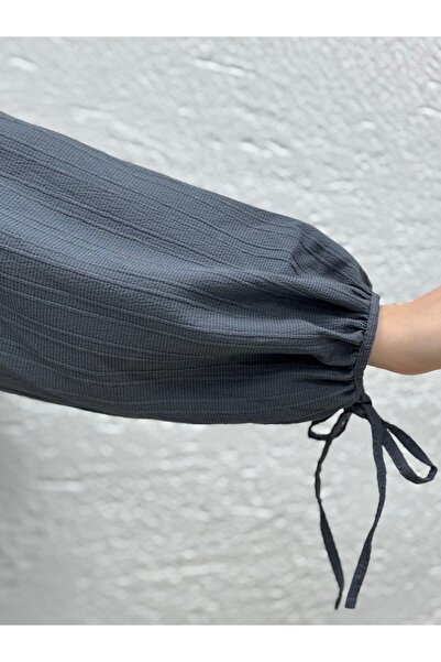 MİHRA STORE Ascona Sleeve Lace-Up Buttoned Skirt Ruffled Dubai Suit-Ek459 Anthracite