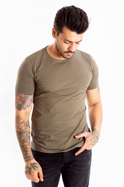 DeepSEA Tricou de bază kaki pentru bărbați/unisex, slim fit, cu decolteu, din bumbac, lycra, 1801131
