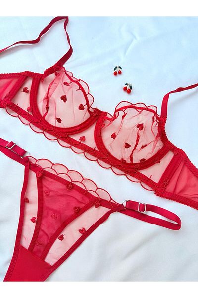 İNKO İÇ GİYİM Red Heart Underwire Uncovered Tulle Bra Set (Bra Tanga)