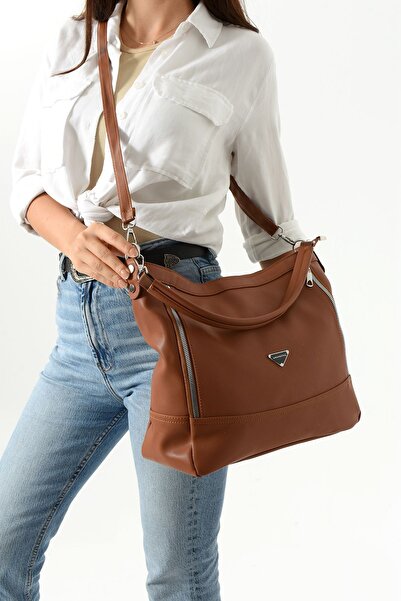 Sanmorris Women's Soft Textured 6-Compartment Zipper Detailed Tan Shoulder and Hand Bag