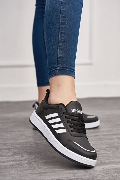Nstil Günlük Siyah Beyaz Erkek Sneaker Spor Ayakkabı Bağcıklı Çizgi Detaylı R...