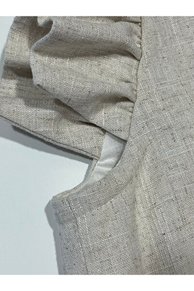 SOLOBUY Linen Dress, Light Beige, Cotton Lining, Ruffle Collar, Slits, Loose Fit, Ruffle Sleeves