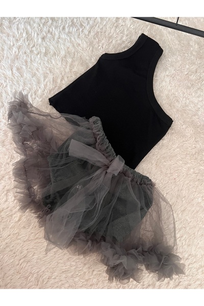 BAHNUR Gray Baby Crop and Tutu Skirt Set Set