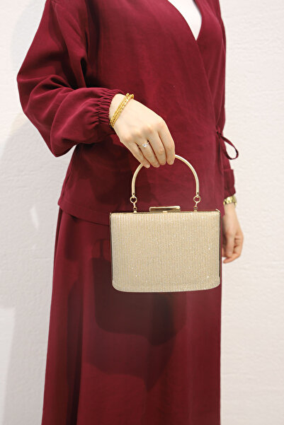 ROZA CANTA Kadın Altın Simli Abiye , Clutch Gece Çantası