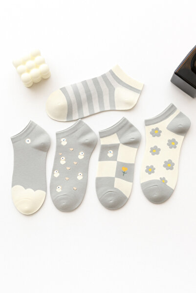 Black Arden Socks Gri Papatya Desenli Kadın Patik 5 Çift Çorap Seti