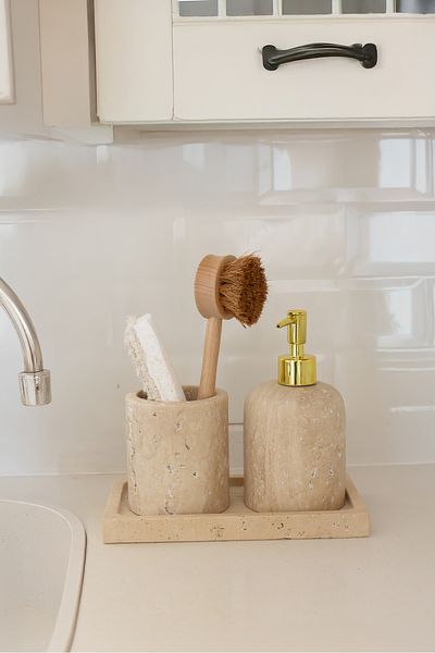 Akayev Marble Travertine 3 Piece Bathroom Set Kitchen Liquid Soap Dispenser Set