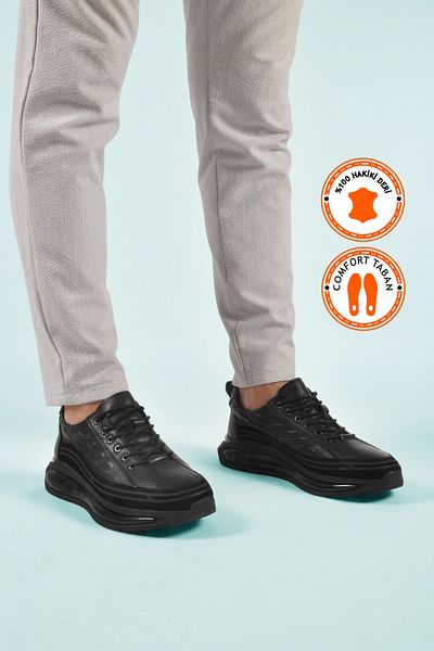 WALKWAY Black Genuine Leather Men's Flag Sneakers
