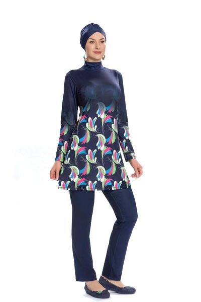 Starinci Mayo Starinci Likra Tam Kapalı Mayo Lacivert Alt Detay Çiçek Desenli