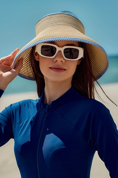 Remsa Mayo Remsa Foldable Visor Straw Hat Sunscreen Visor RŞ-79 Beige with Stripe Piping