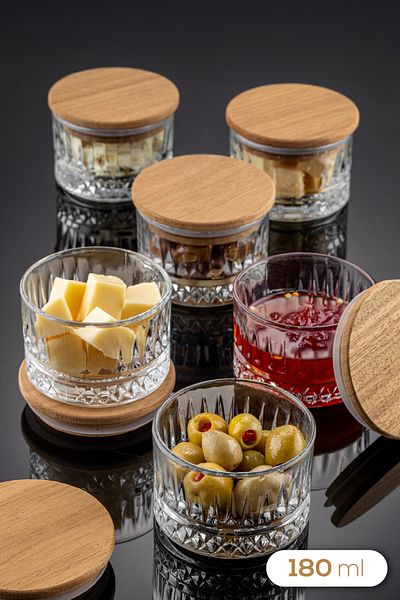 Vienev Set of 6 Glass Bowls with Wooden Lid 180 ml