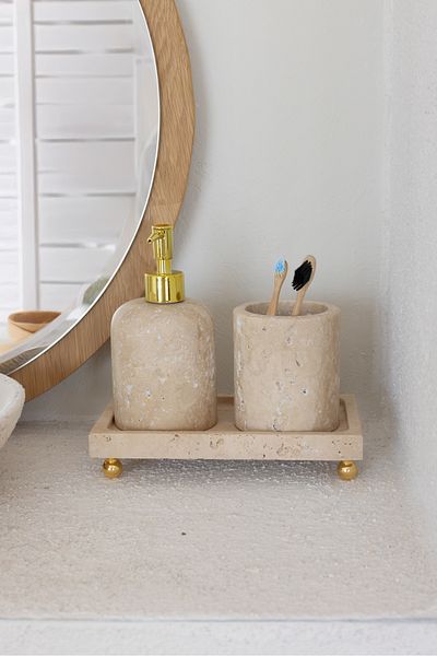 Akayev Marble Travertine 3 Piece Gold Foot Bathroom Set Kitchen Liquid Soap Dispenser Set