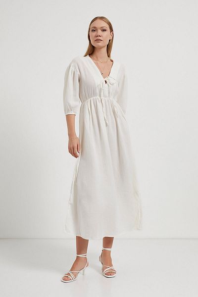 Arma Life Women's Elastic Waist V-Neck Muslin White Long Dress