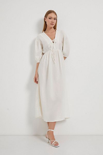Arma Life Women's Elastic Waist V-Neck Muslin White Long Dress