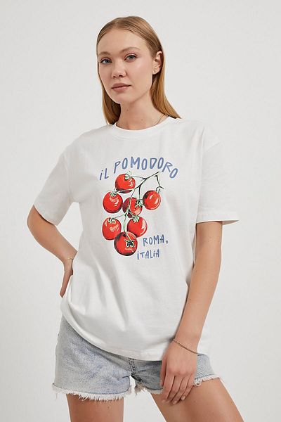 Arma Life Women's Tomato Printed Crew Neck White T-Shirt