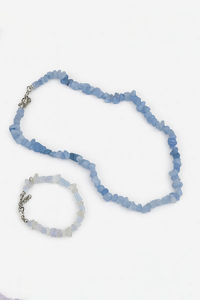MakeWell Aquamarine Amethyst Diopside Quartz Calcite Stone Beach Set Necklace and Bracelet
