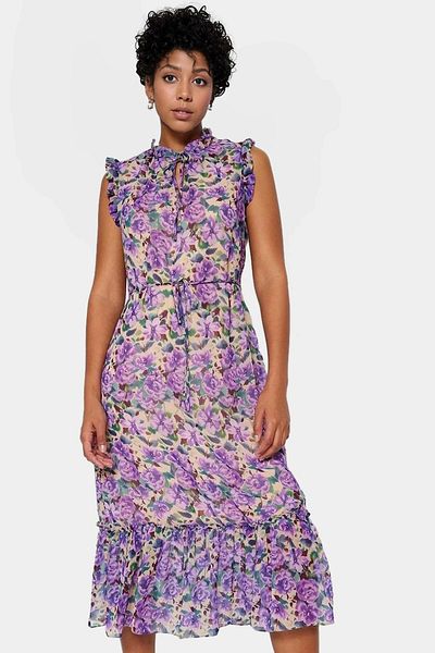 PayBuy Floral Pattern A-Line Midi Chiffon Dress Lined Stand Collar Summer Special Design Comfortable and Stylish