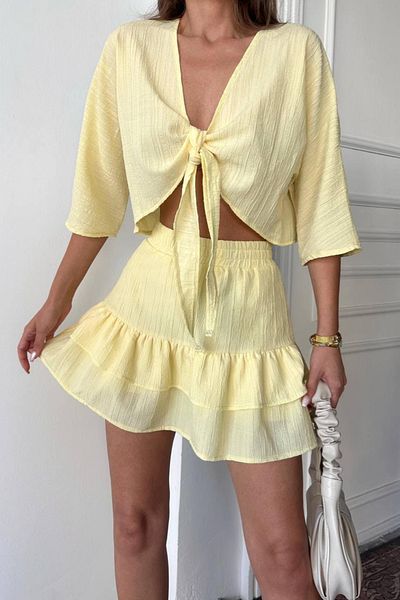 İLKCET MODA Front Tie Linen Shorts Skirt Suit