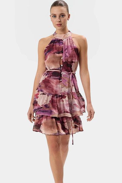 PayBuy Floral Pattern Halter Neck Mini Dress Lightweight Polyester Fabric Summer Casual Stylish Look