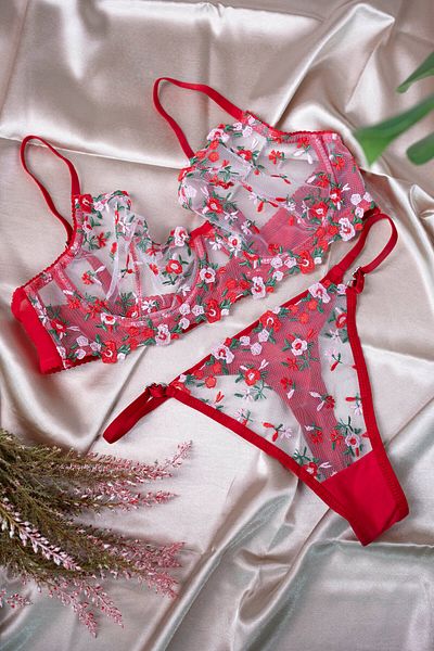 more than socks Women's Red Floral Pattern Lace Bralet Bra Panty Set