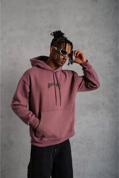 Silerra    Men's Corduroy Drawstring Printed Hooded Sweatshirt - Dusty Rose