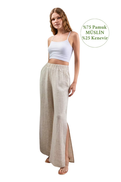 clavia Muslin Palazzo Pants, Comfortable Fit Slit Detailed Leg High Waist Pants Hemp Fabric