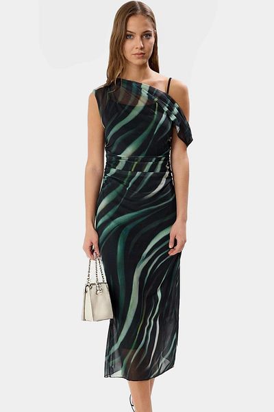 PayBuy Asymmetrical Collar Floral Pattern Midi Tulle Dress Polyester Elastane Quality Craftsmanship Custom Design