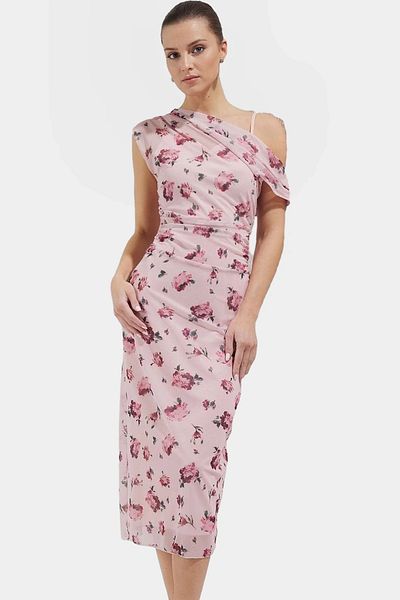 PayBuy Asymmetrical Collar Floral Pattern Midi Tulle Dress Polyester Elastane Quality Craftsmanship Custom Design