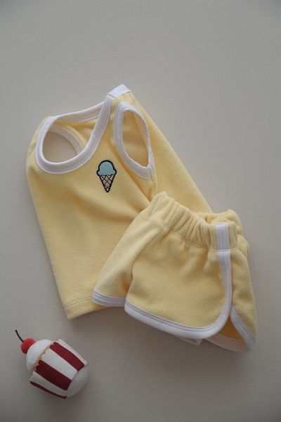 DoDo'S Baby Ice Cream Embroidered Yellow Towel Effect Baby Girl, Baby Boy, Children's Bottom Top Set – Summer 100% Cotton Set
