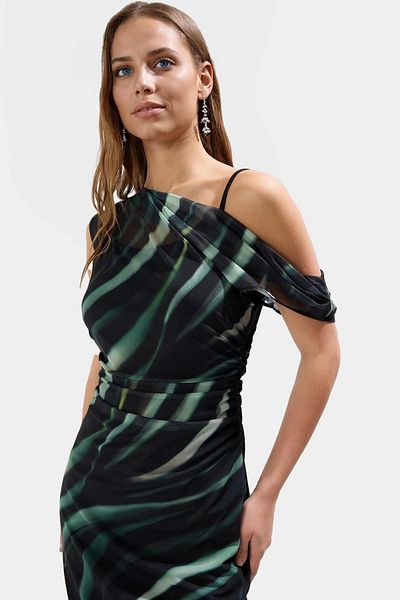 PayBuy Asymmetrical Collar Floral Pattern Midi Tulle Dress Polyester Elastane Quality Craftsmanship Custom Design