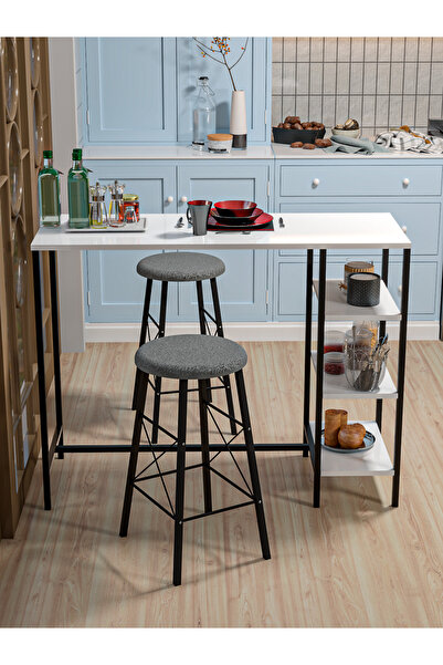 Retodesign RETODESİGN BEYAZ RAFLI YUVARLAK TABURELİ BAR TAKIMI 4651A