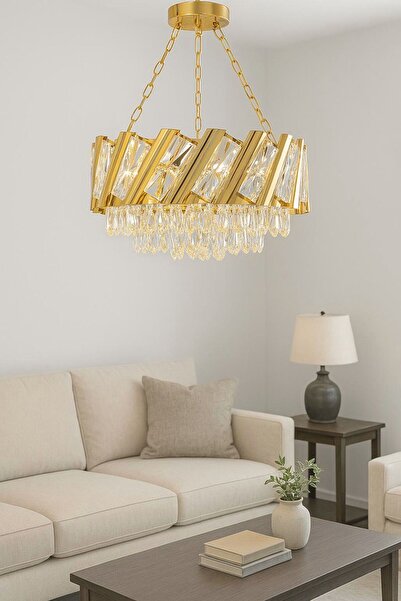 Luna Lighting Firuze Model Gold Kaplama Şık Taşlı Salon Antre Oturma Misafir Odası Modern Avize