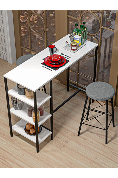 Retodesign RETODESİGN BEYAZ RAFLI YUVARLAK TABURELİ BAR TAKIMI 4651A