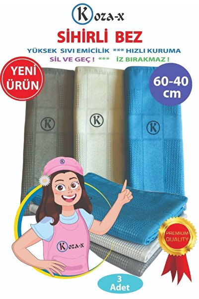 KozaX Mikrofiber Sihirli Temizlik Bezi 3 Adet  | Cam,Ayna,Mutfak,Banyo,Araç G...