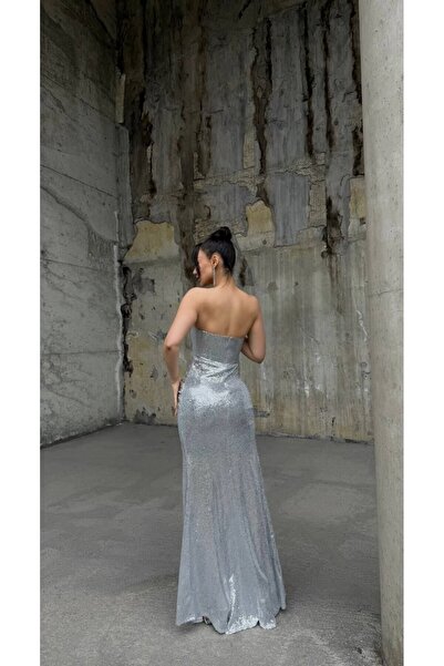 dükkan10butika Kadın Askısız Straplez Yırtmaçlı Pulpayet Uzun Abiye veya Mezuniyet Elbisesi GÜMÜŞ